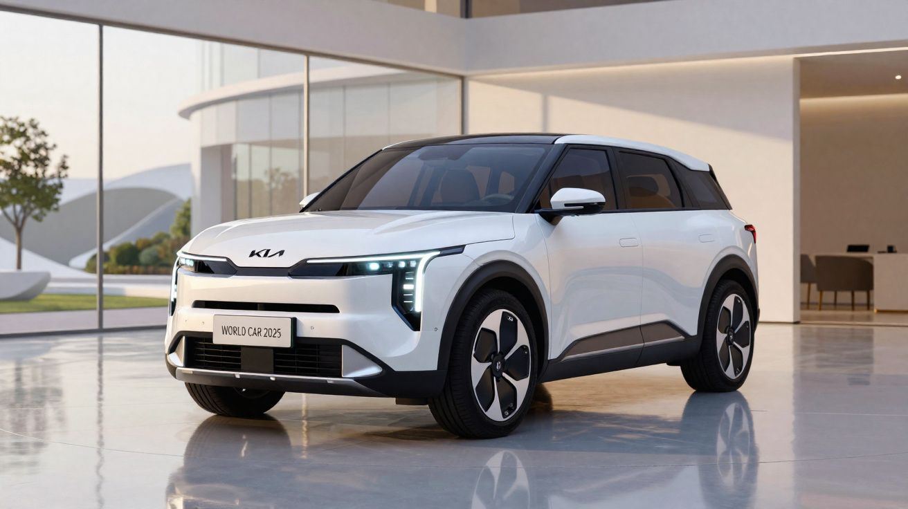 Coche eléctrico blanco Kia EV5 2025 estacionado en un interior moderno y minimalista.