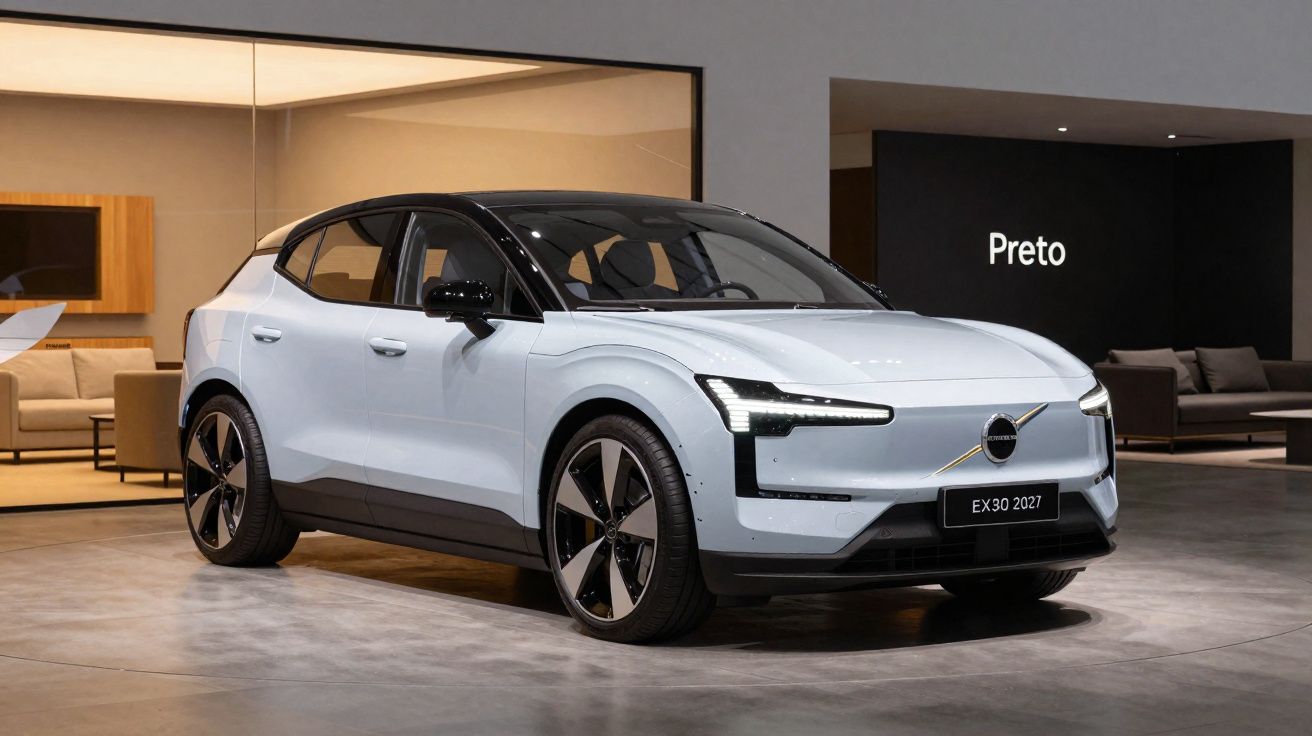 Coche eléctrico Volvo EX30 2027 blanco y negro exhibido en sala de exposición moderna.