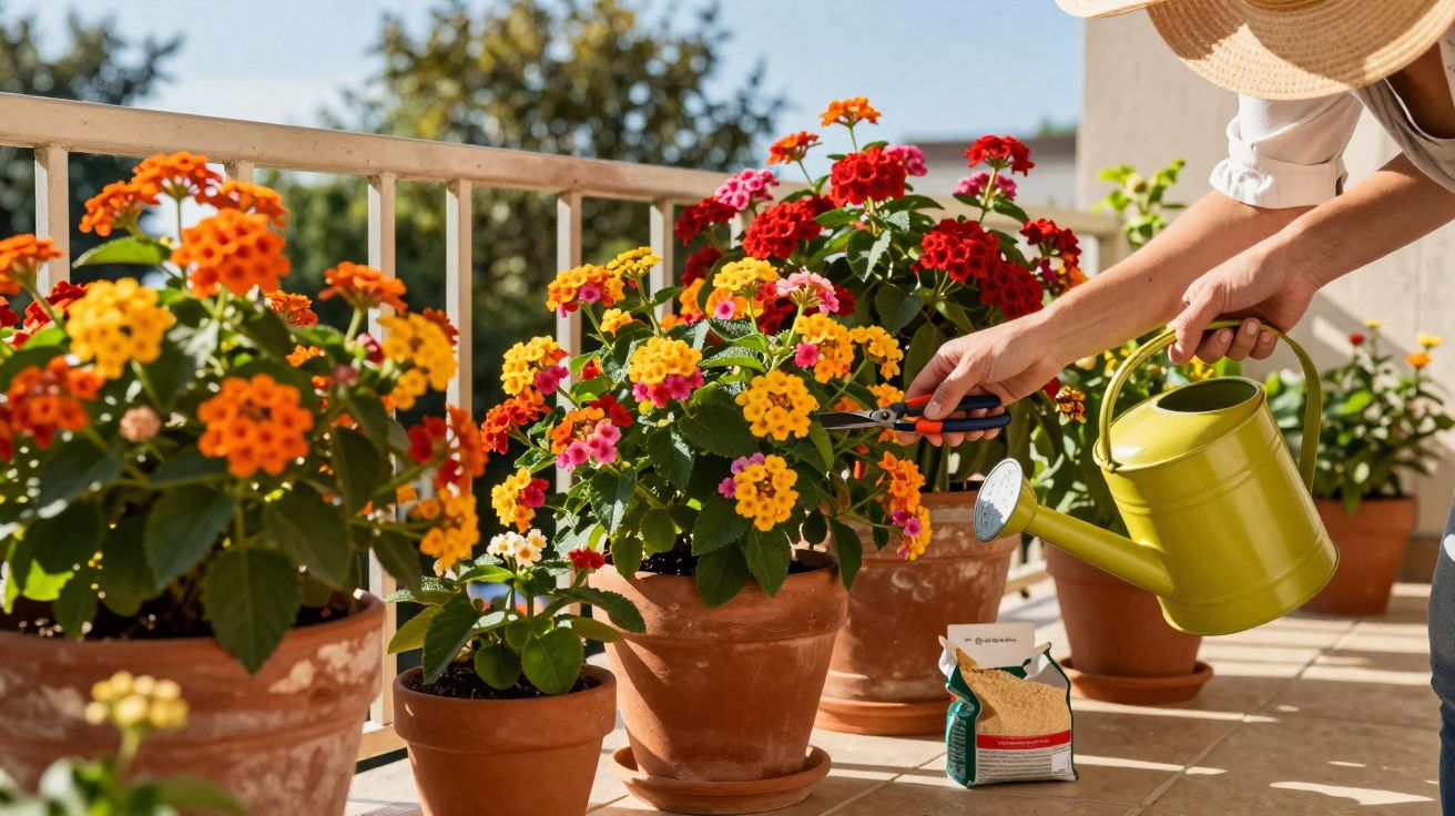 Persona regando y podando flores de colores en macetas de terracota sobre un balcón soleado.