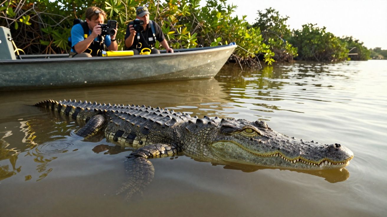 Cocodrilo en el agua cerca de un barco con dos personas tomando fotos en un entorno natural.