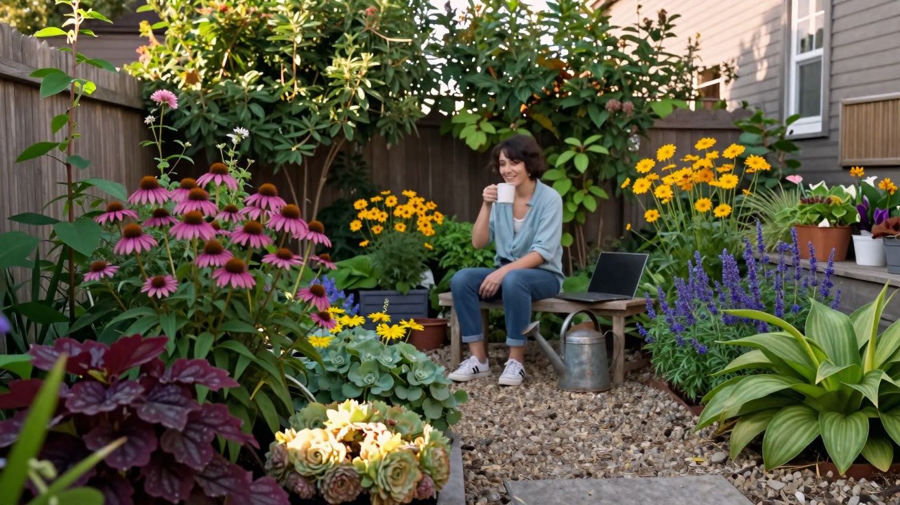 Mujer sentada en un banco de jardín rodeada de flores y plantas, tomando una bebida y con un portátil al lado.