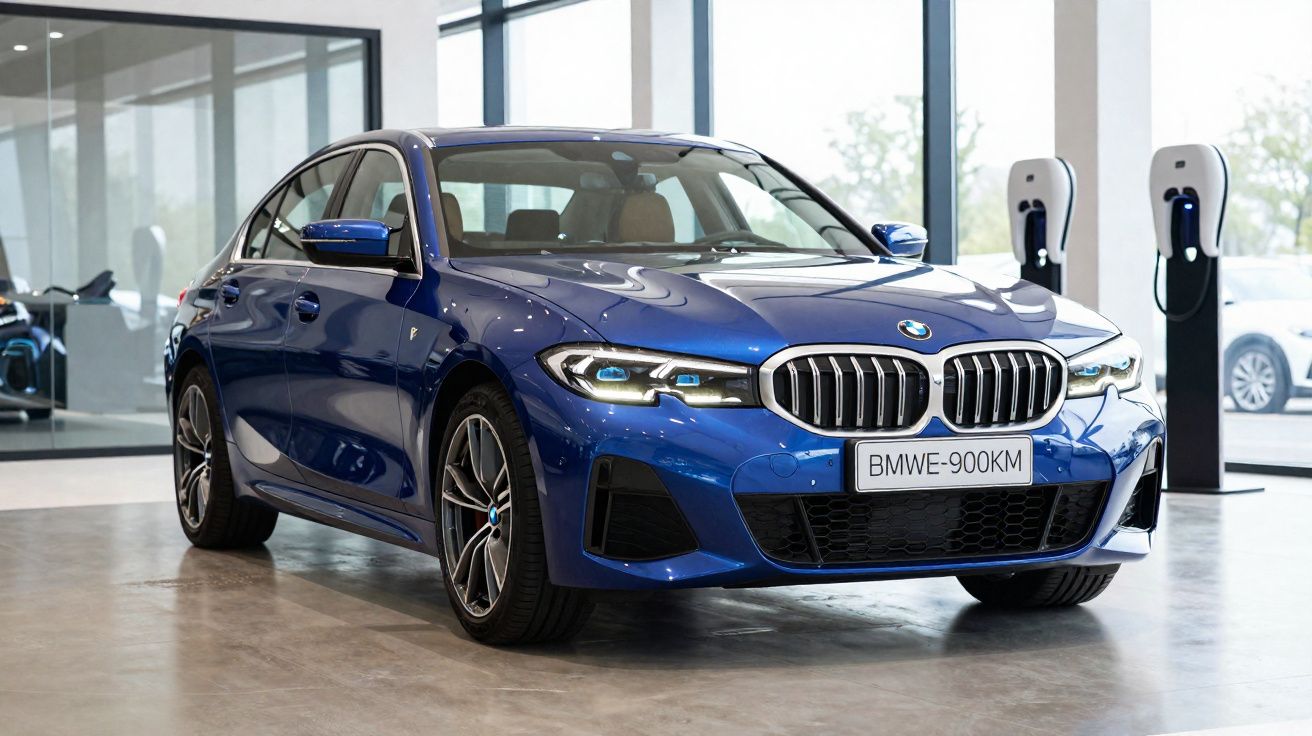 Coche azul BMW estacionado en un concesionario, con dos puntos de recarga eléctricos al fondo.