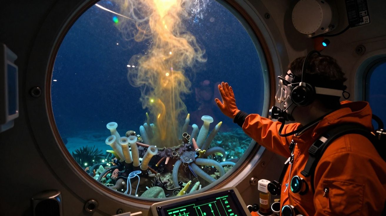 Investigador submarino observa paisaje marino a través de ventana de submarino con equipo de buceo.
