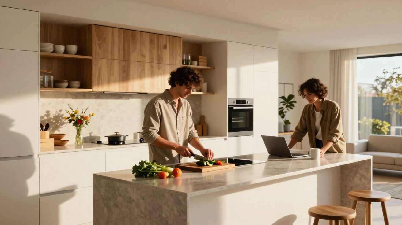Pareja joven en cocina moderna, hombre cortando verduras y mujer usando portátil junto a isla de mármol.