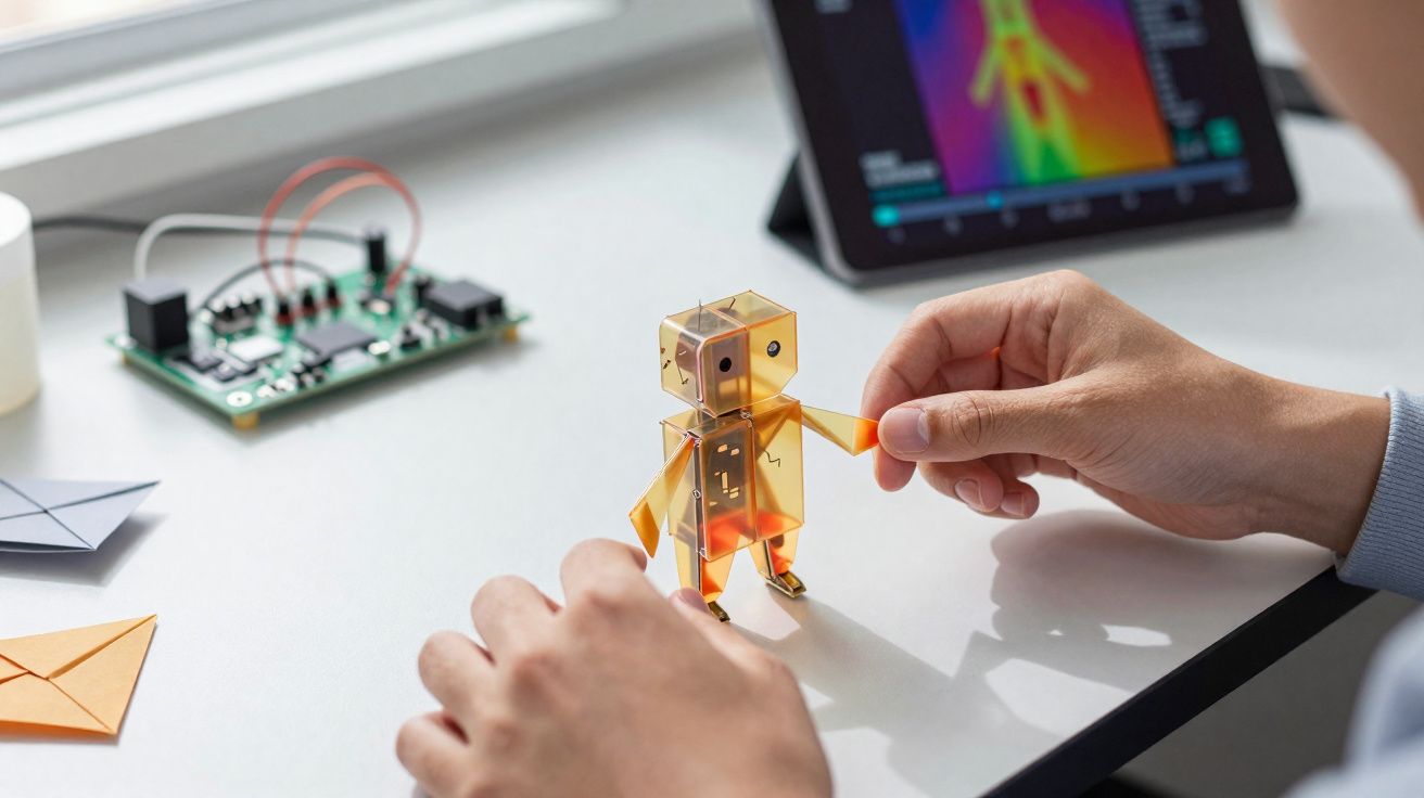 Manos manipulando una figura robótica transparente sobre una mesa con circuito y tablet con imagen térmica.