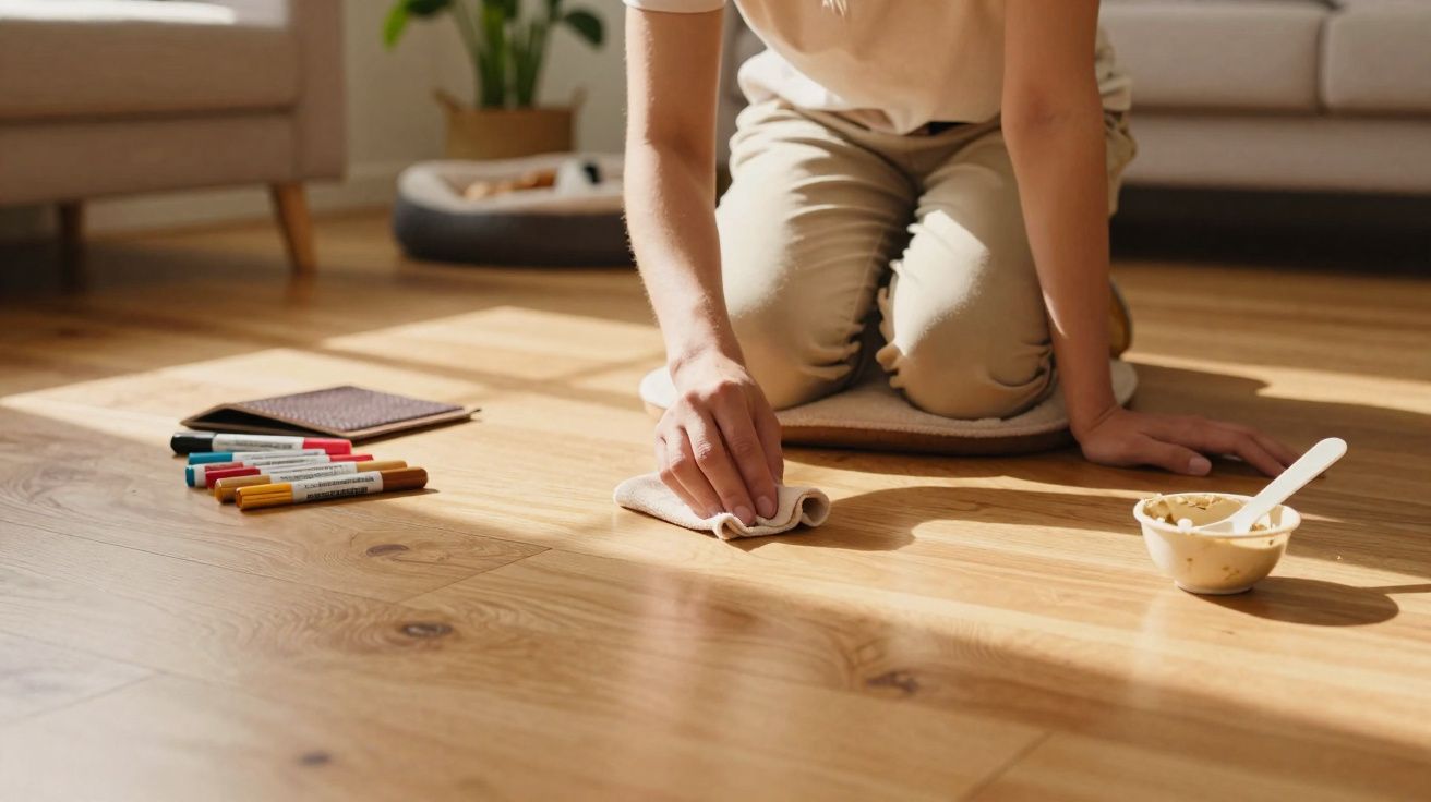 Persona arrodillada limpiando suelo de madera con un paño, luz natural y objetos de arte al lado.