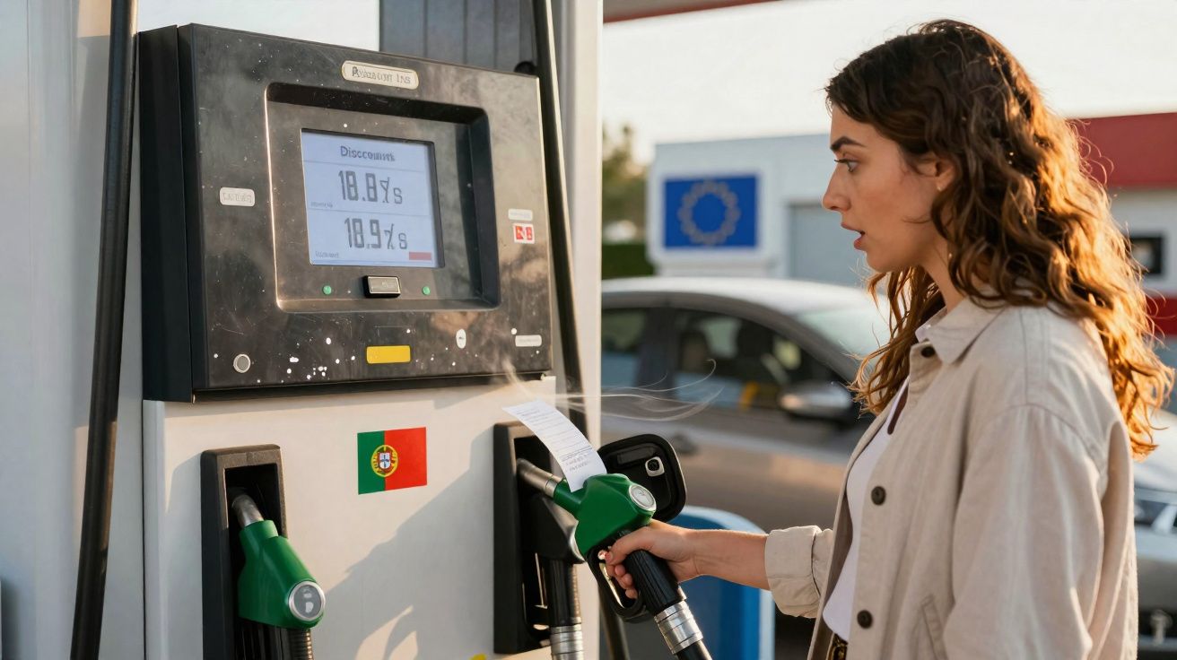 Mujer sorprendida mirando el ticket que acaba de imprimir en una gasolinera con bandera de Portugal.