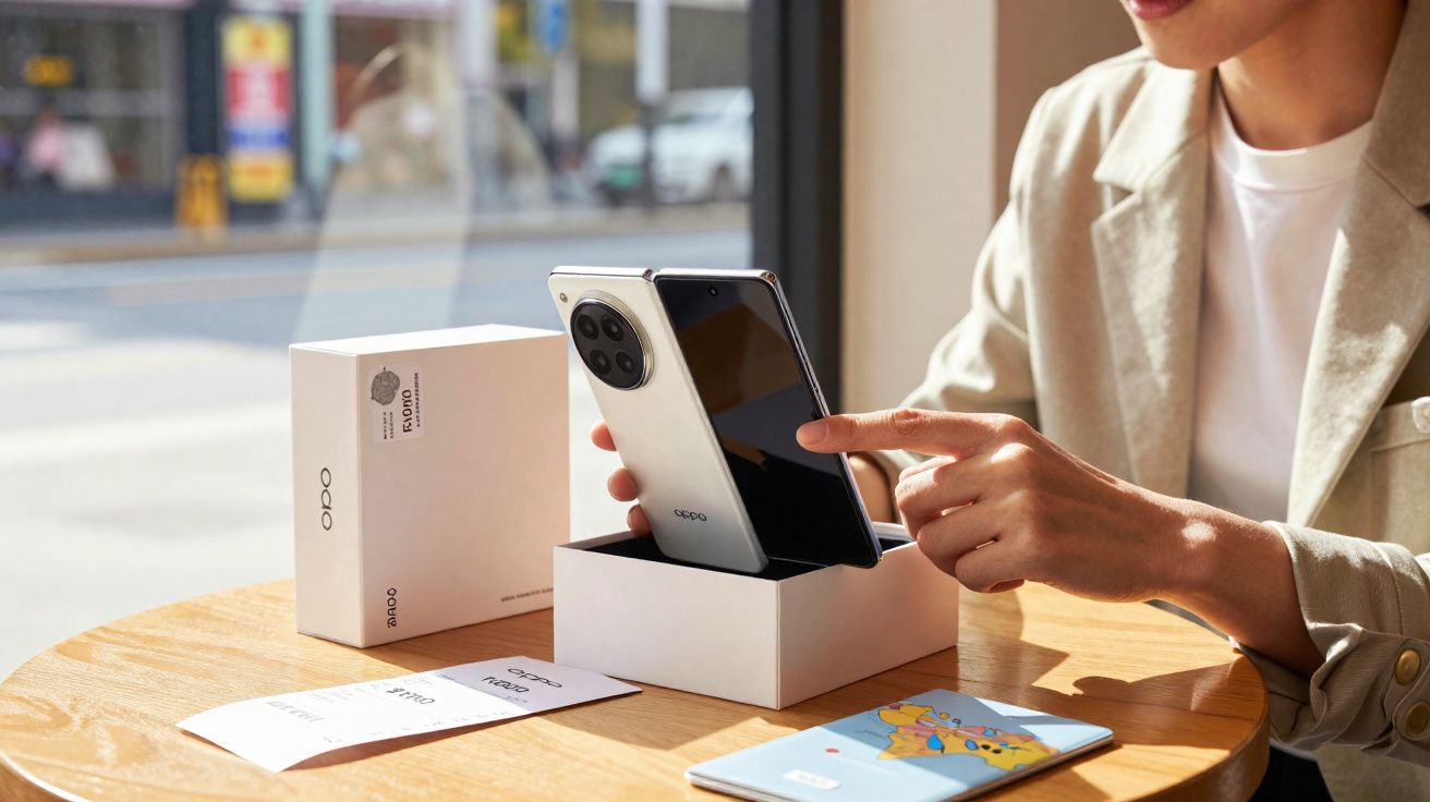 Persona desempaquetando y usando un teléfono móvil plegable OPPO en una mesa junto a una caja y documentos.