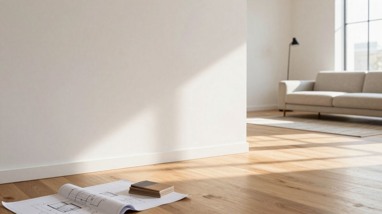 Plano arquitectónico y libros sobre suelo de madera en habitación luminosa con sofá y lámpara de pie.