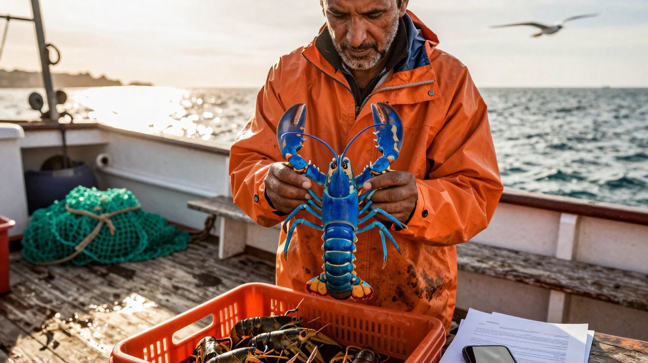 Pescador en barco sosteniendo una langosta azul sobre una caja con más langostas al atardecer.