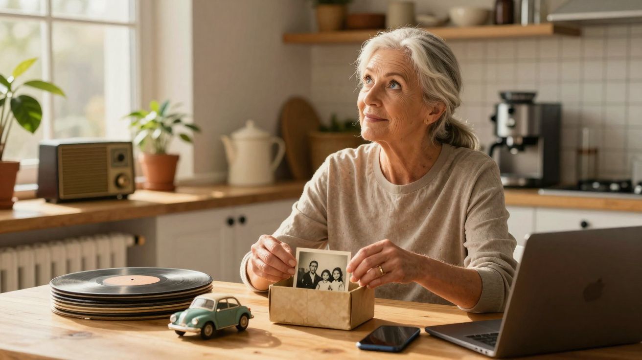 Mujer mayor mirando al techo mientras sostiene una foto antigua en una cocina con objetos retro.