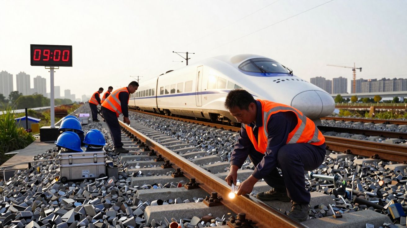Trabajadores con chalecos naranjas inspeccionan vía férrea cerca de un tren de alta velocidad en una estación.
