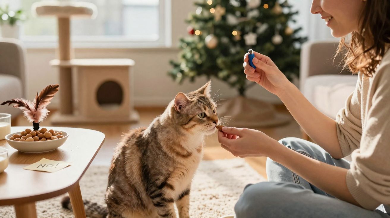 Mujer con mascarilla dando medicamento a un gato en una sala decorada con árbol de Navidad.