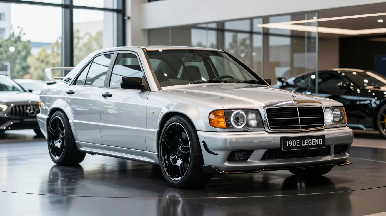 Mercedes-Benz 190E Legend plateado con llantas negras expuesto en un concesionario moderno.