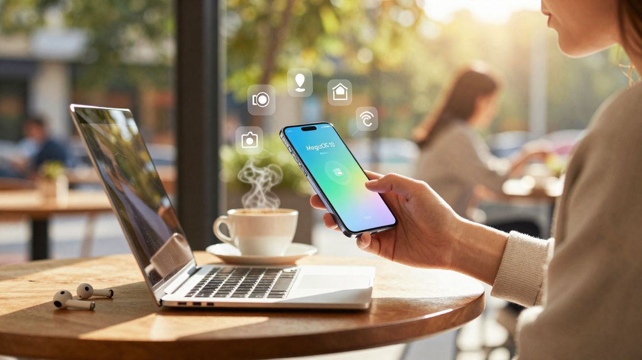 Persona usando smartphone con iconos tecnológicos junto a portátil y taza de café en cafetería luminosa.