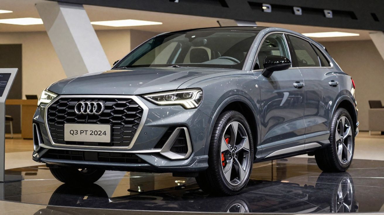 Coche Audi Q3 PT 2024 gris expuesto en showroom con detalles en negro y frenos rojos.
