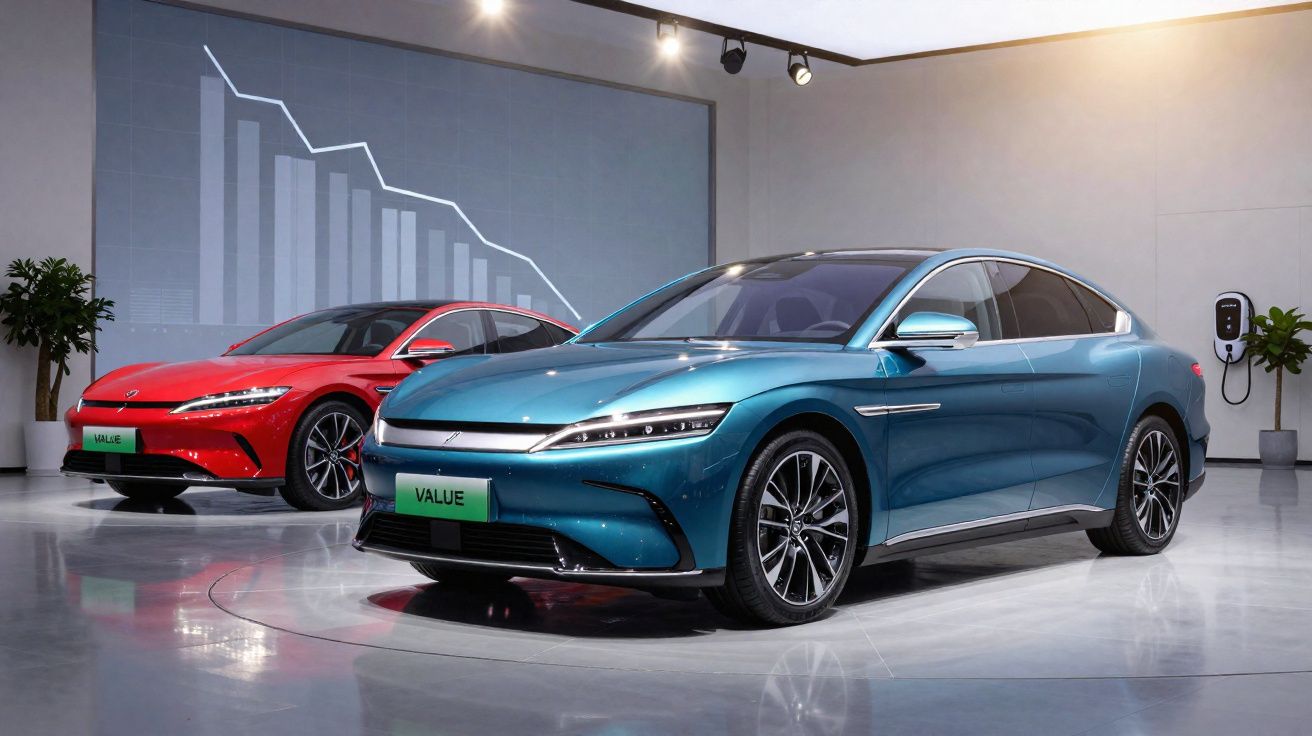 Dos coches eléctricos modernos, uno azul y otro rojo, en una sala con gráfico de barras y cargador eléctrico.