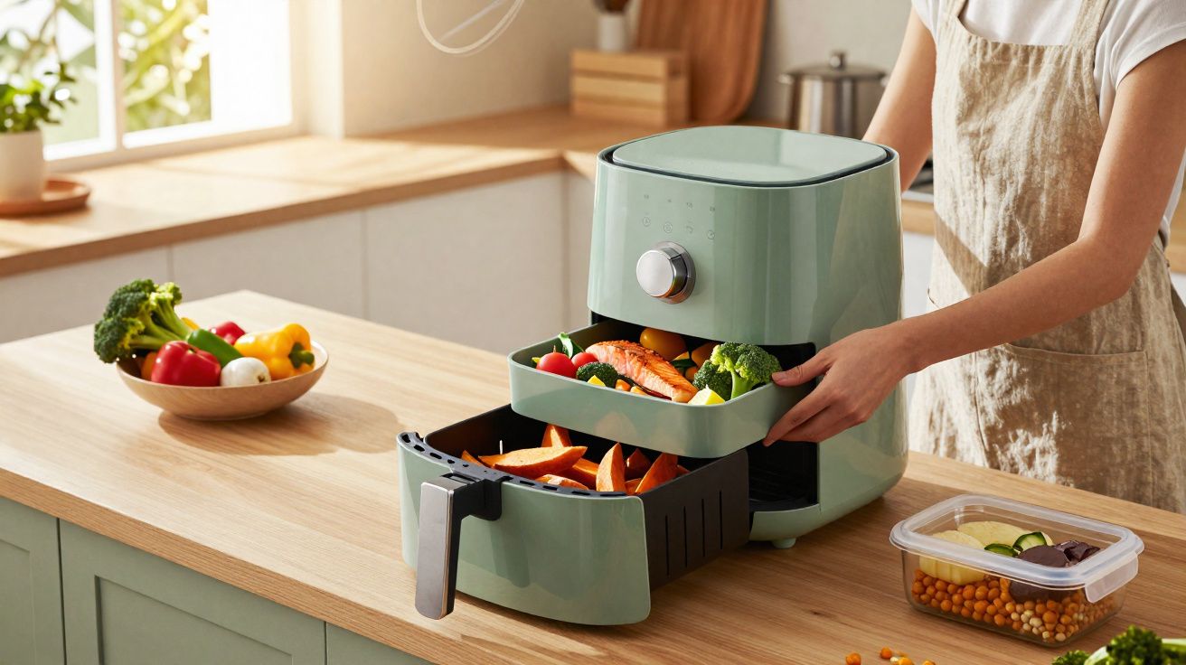 Persona usando freidora de aire en cocina moderna con verduras frescas y plato de verduras al fondo.