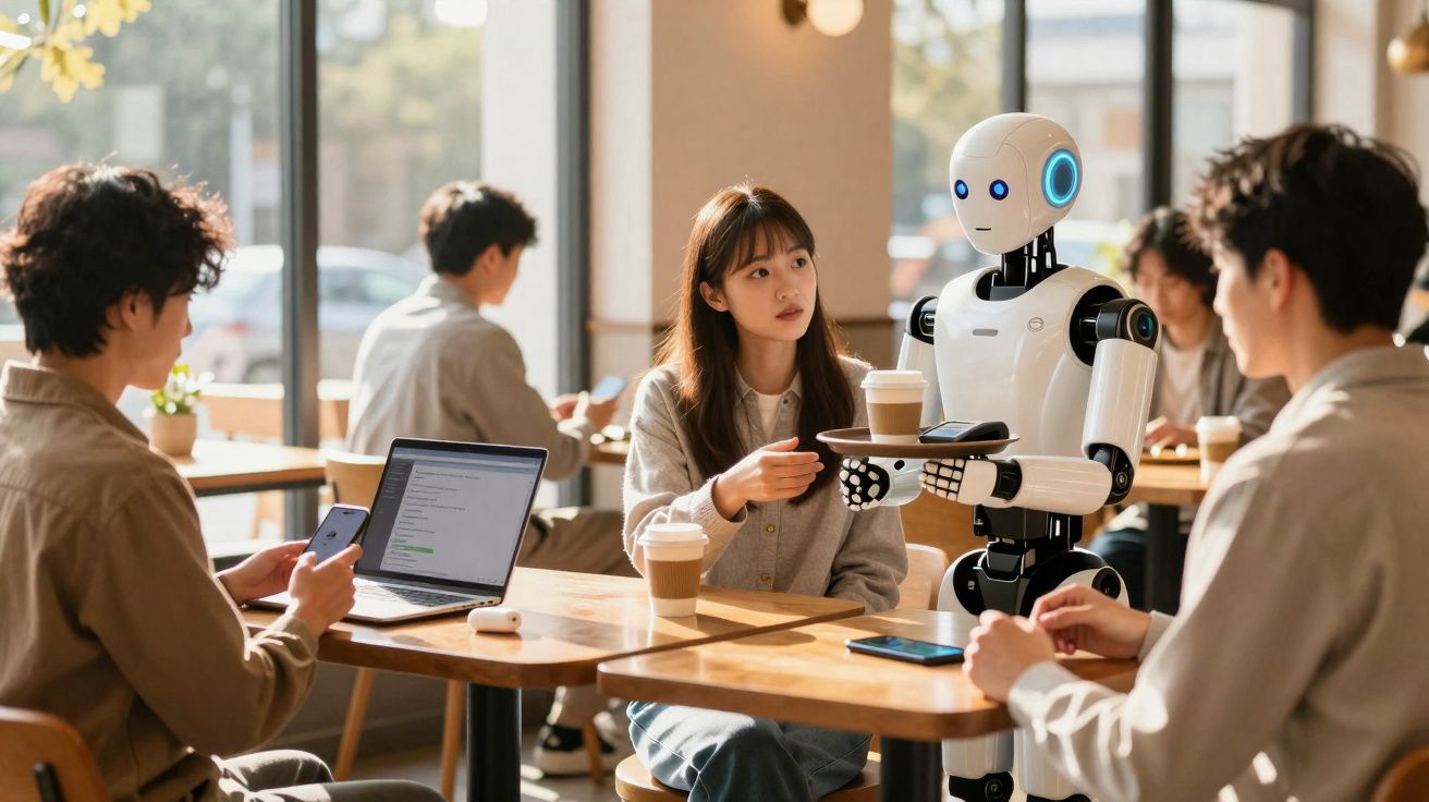 Robot sirviendo café a una mujer en una cafetería concurrida con otras personas usando dispositivos.