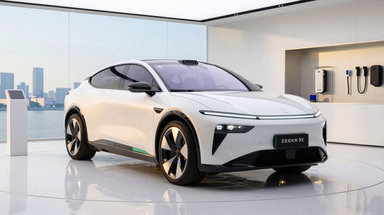 Coche eléctrico blanco Zeekr 9X en exposición moderna con vista urbana y paneles de carga en la pared.