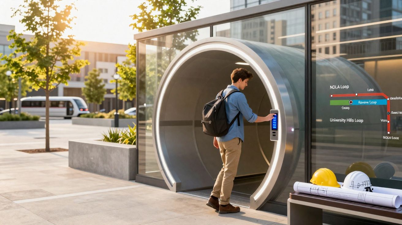 Joven con mochila accediendo a una estación futurista de transporte subterráneo en un entorno urbano.