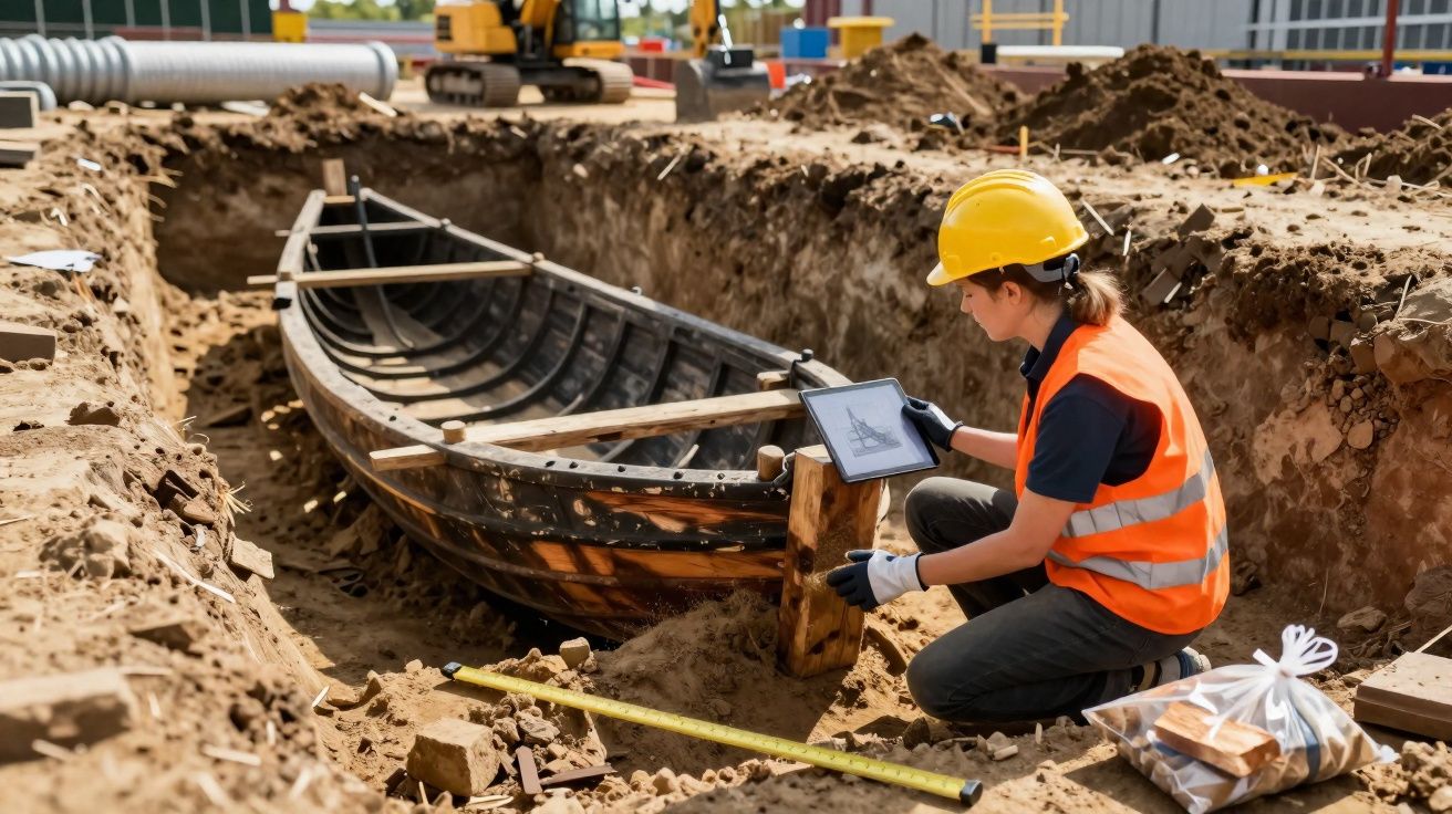 Arqueóloga con casco y chaleco naranja estudia una barca antigua en una excavación arqueológica.
