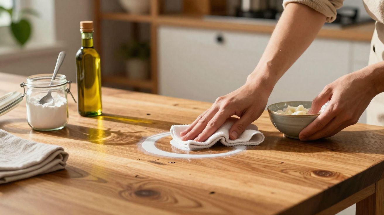 Manos limpiando una mesa de madera con un paño, junto a un frasco de polvo y una botella de aceite.