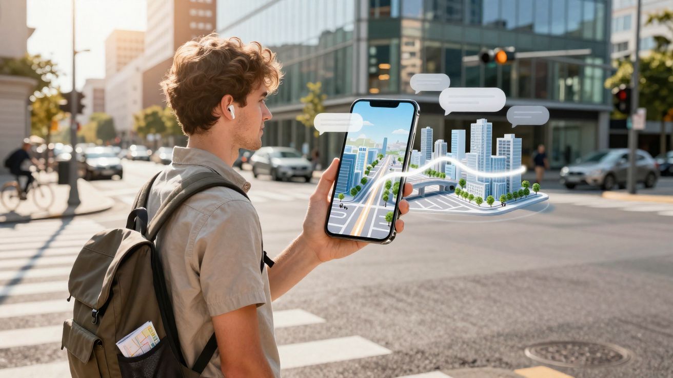 Joven con mochila usando un móvil con mapa digital en una calle urbana y edificios modernos al fondo.