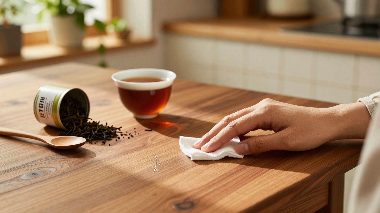 Mano limpiando una mesa de madera con un paño blanco, junto a una taza de té y hojas de té sueltas.