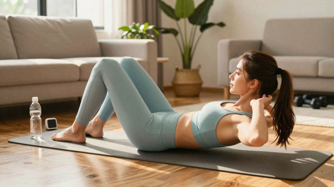 Mujer joven haciendo abdominales en una esterilla en casa junto a una botella de agua y una planta.