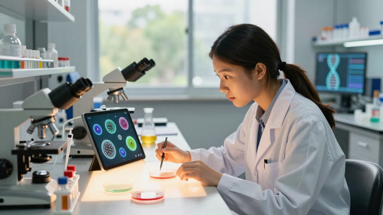 Investigadora en bata blanca observa cultivos microbianos en placas de Petri en laboratorio moderno con microscopios.