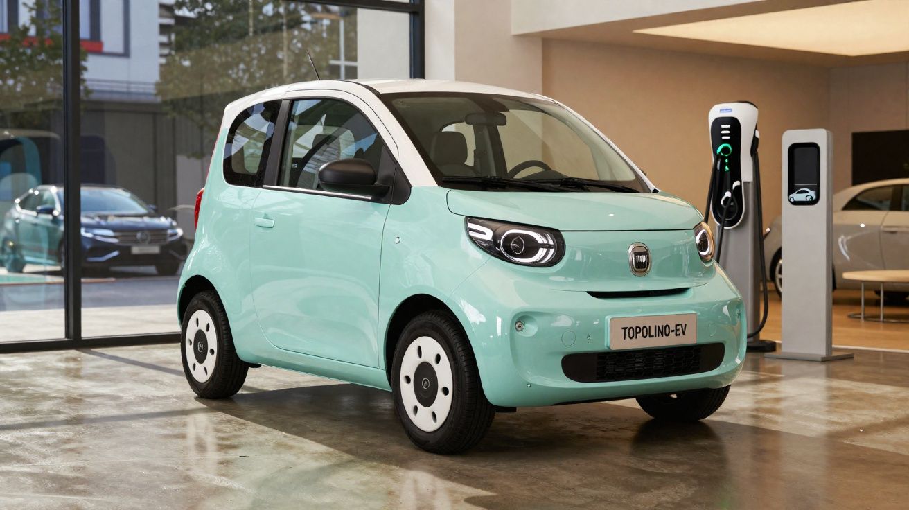 Coche eléctrico Fiat Topolino EV verde menta en exposición con estación de carga eléctrica en interior.