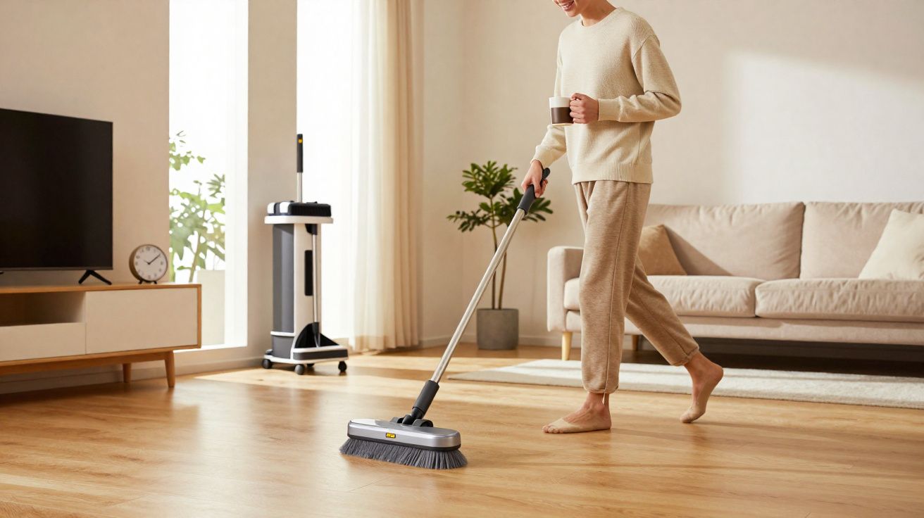 Persona barriendo el suelo de un salón con cafetera en mano, decoración minimalista y suelo de madera.