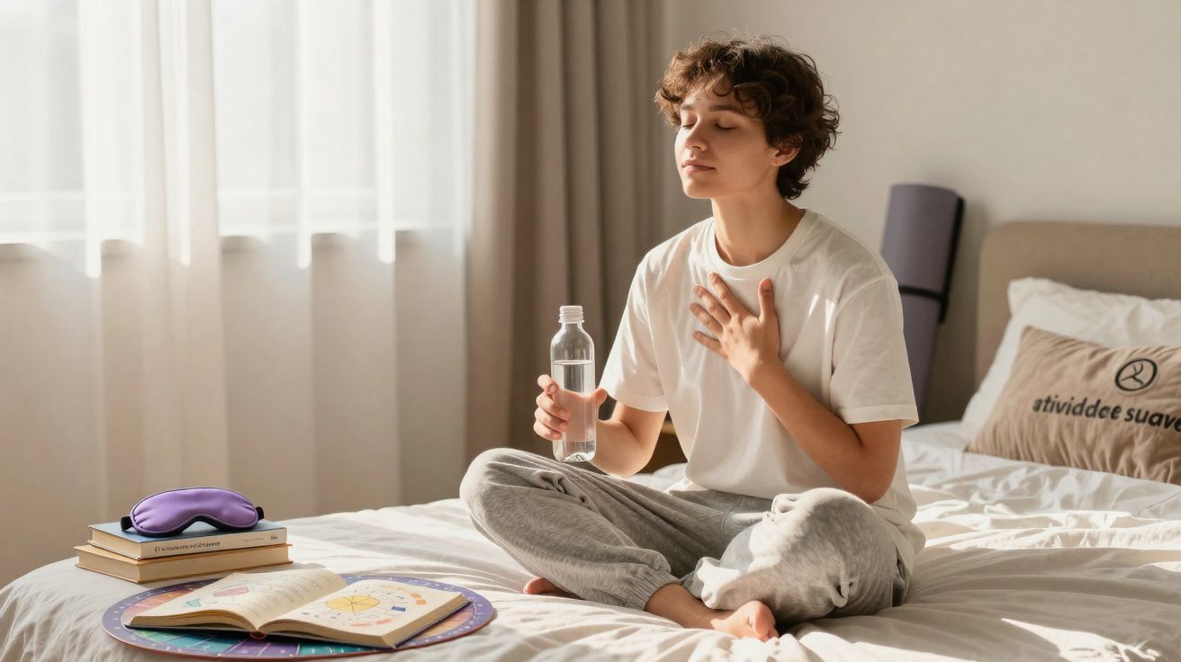 Persona sentada en cama haciendo ejercicio de respiración con botella de agua y libros cerca en habitación iluminada.
