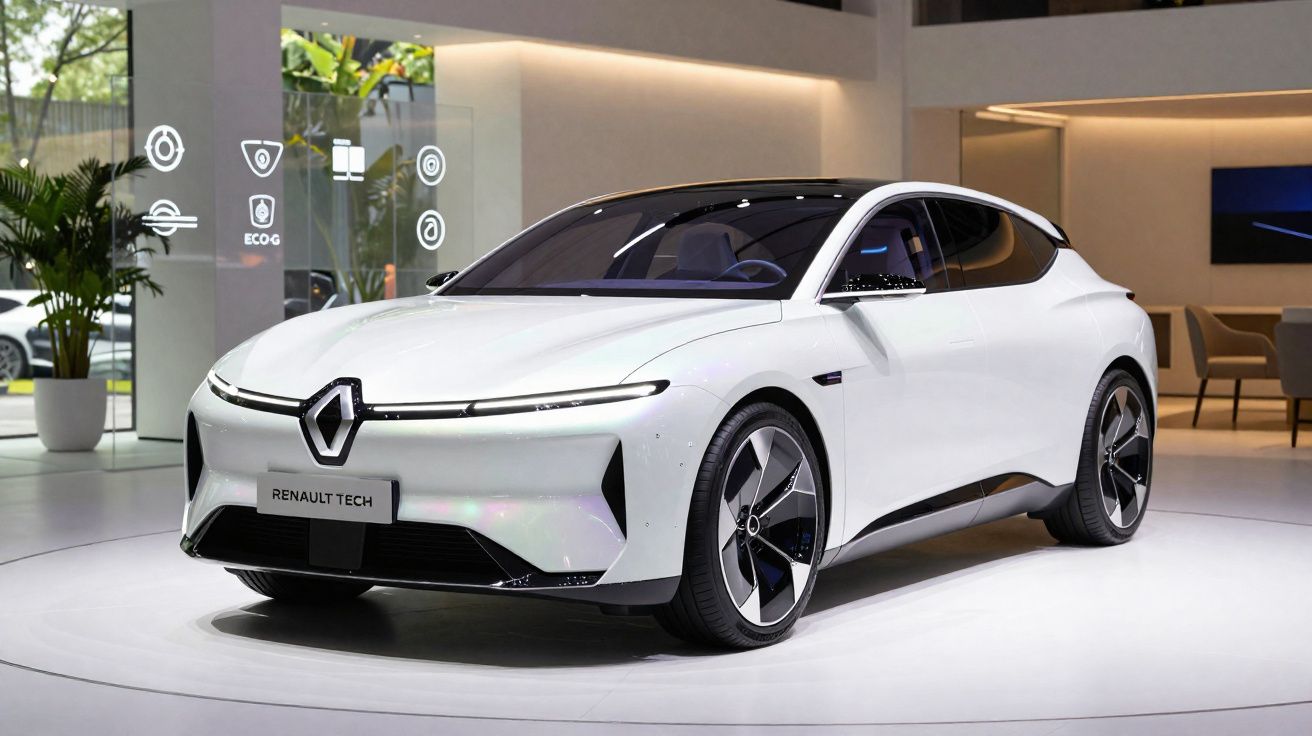 Coche eléctrico blanco Renault Tech con diseño futurista en exposición interior moderna y luminosa.