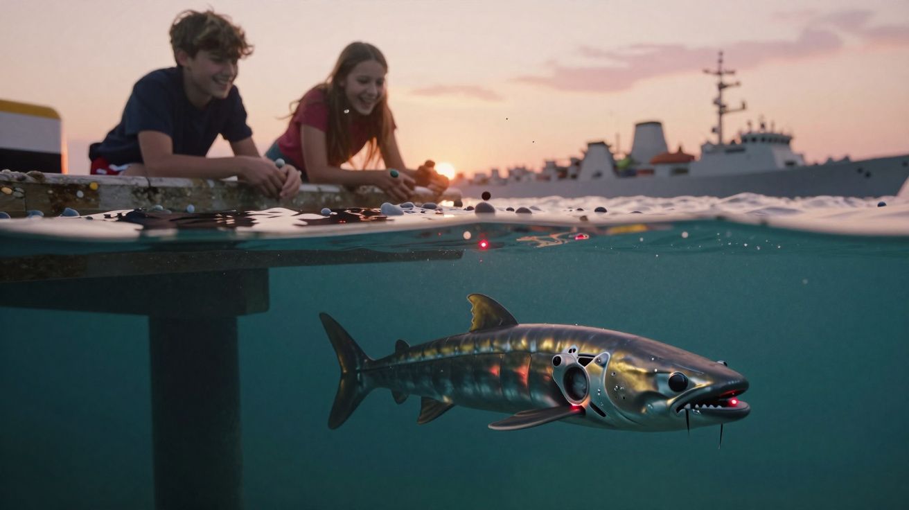 Niños observan un tiburón robot bajo el agua cerca de un muelle al atardecer.