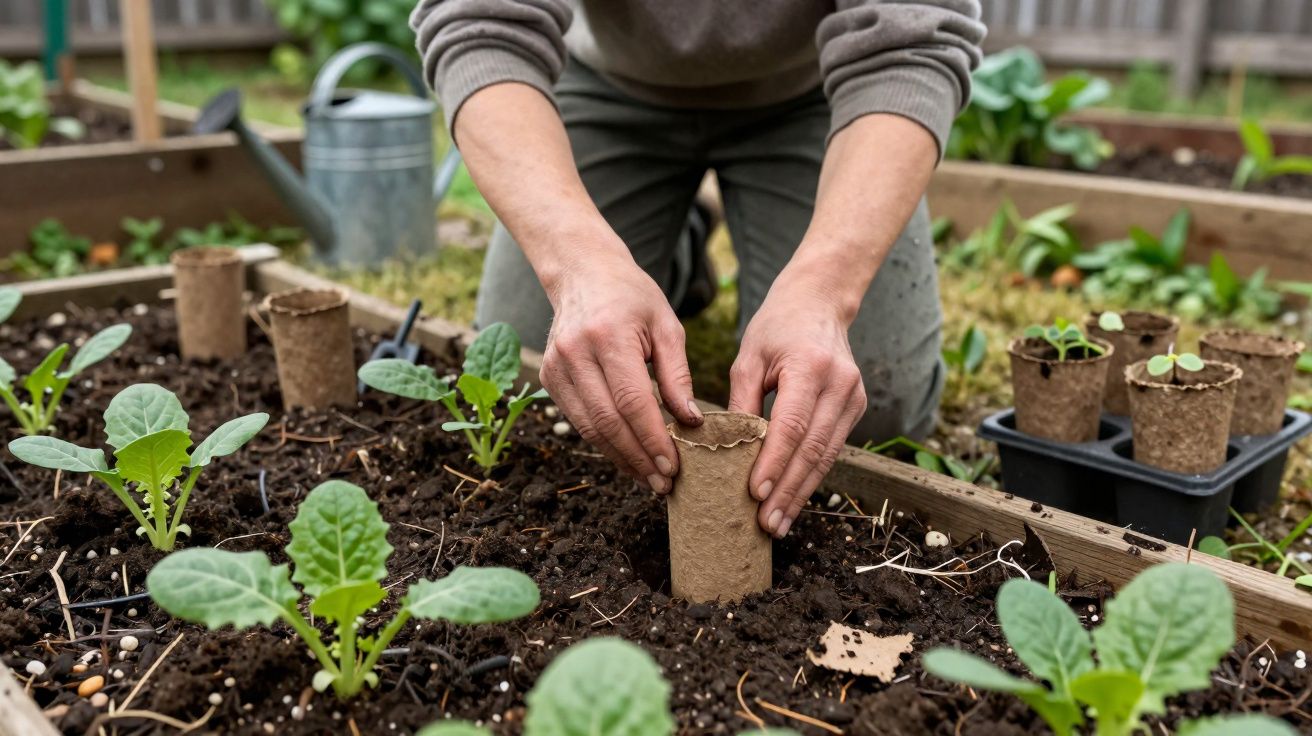 Manos plantando un pequeño brote en maceta biodegradable en un huerto con varias plantas jóvenes alrededor.