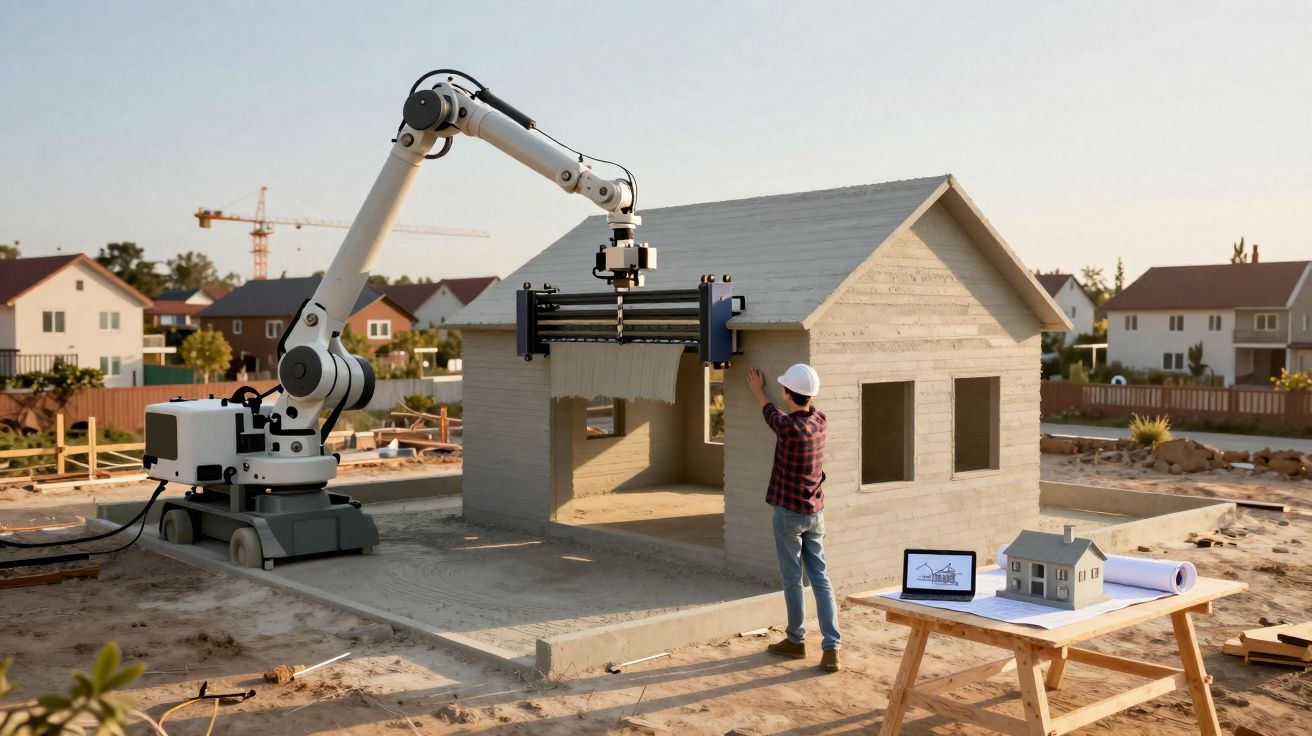 Brazo robótico 3D construyendo una casa de hormigón con un operario y planos en una obra al aire libre.