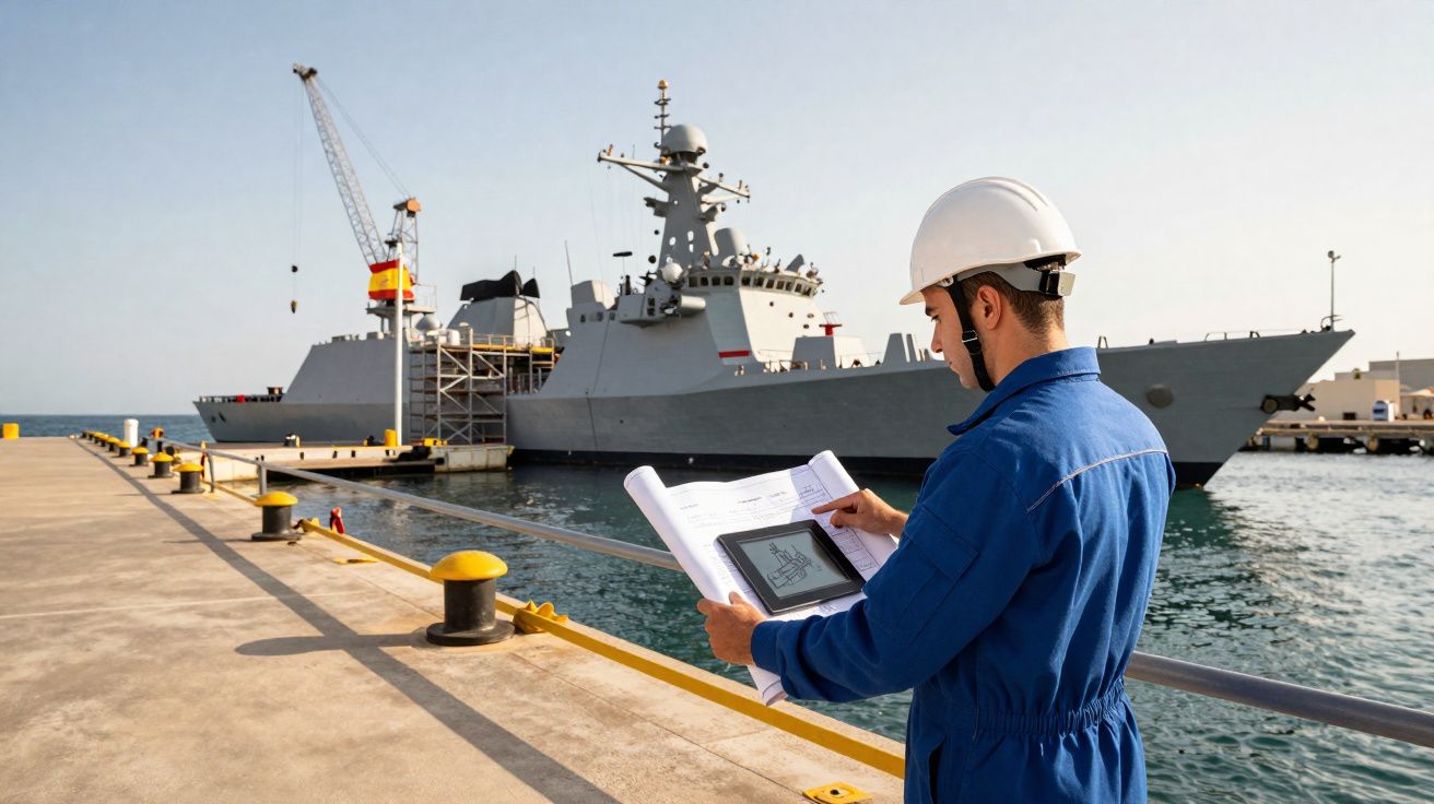 Ingeniero naval con casco blanco revisando planos junto a un buque militar atracado en el puerto.