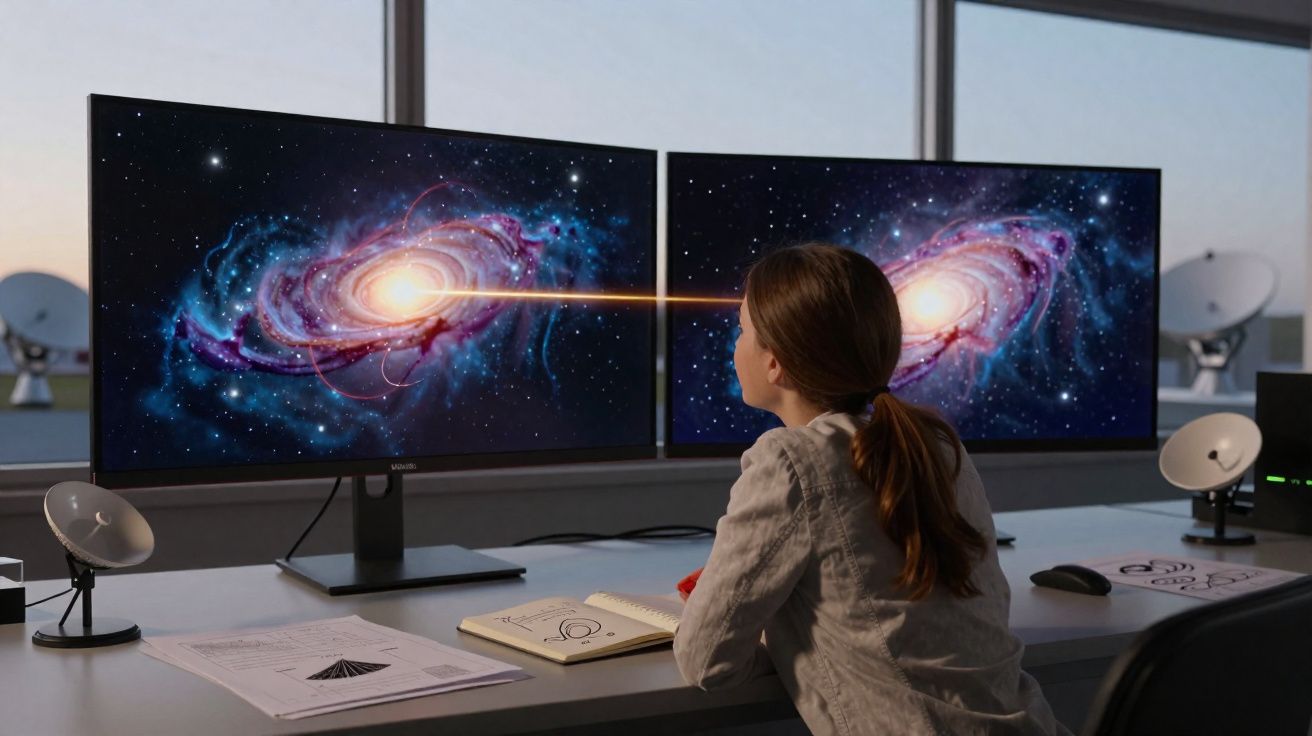 Niña observa dos pantallas con galaxias unidas por un rayo de luz en un entorno tecnológico.