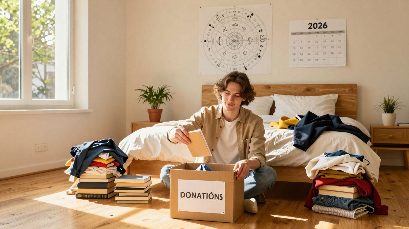 Joven sentado en el suelo de su habitación clasificando libros para donar en una caja etiquetada "Donations".