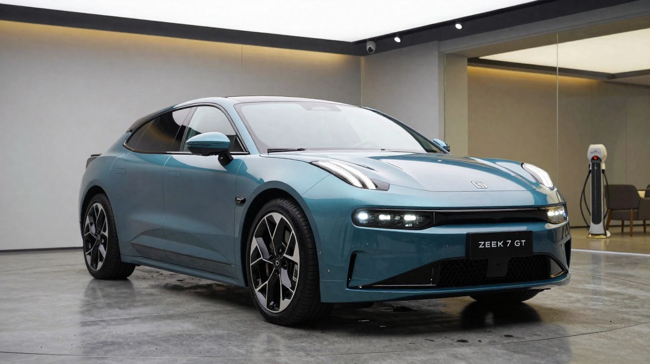 Coche eléctrico azul modelo Zeek 7 GT estacionado en un showroom moderno con cargador al fondo.