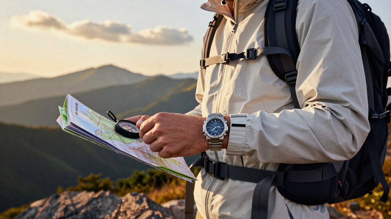 Persona con mochila y chaqueta beige usando una brújula para leer un mapa en la montaña al atardecer.