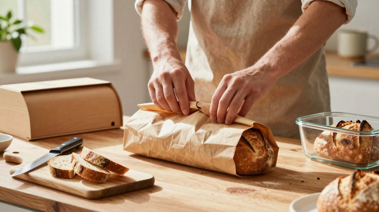 Manos envolviendo pan en una bolsa de papel sobre una mesa de madera en cocina iluminada.