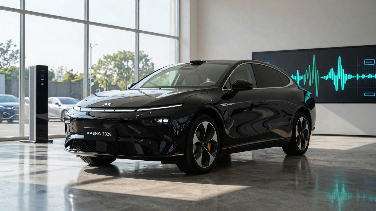 Coche eléctrico negro XPeng 2026 en exhibición en salón moderno con ventanas grandes y cargador eléctrico.