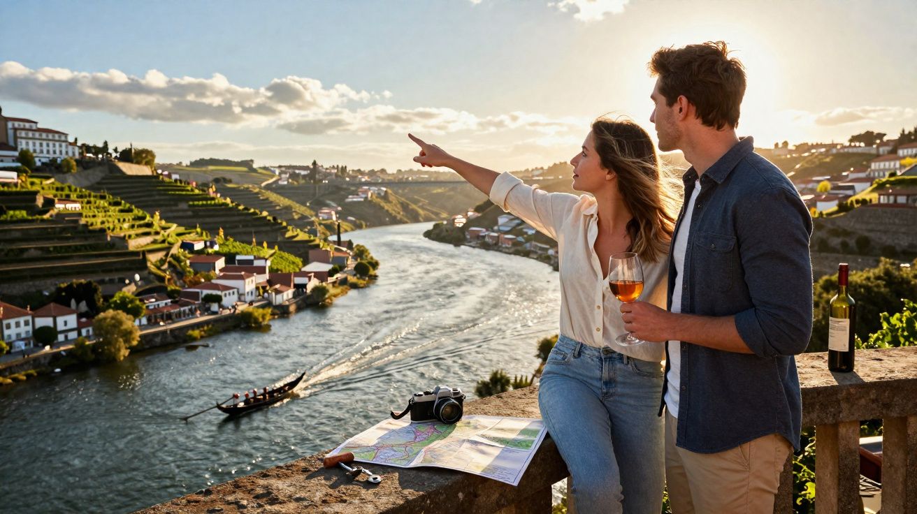 Pareja observa un río con viñedos y una barca al atardecer, mapa y cámara apoyados en una barandilla.