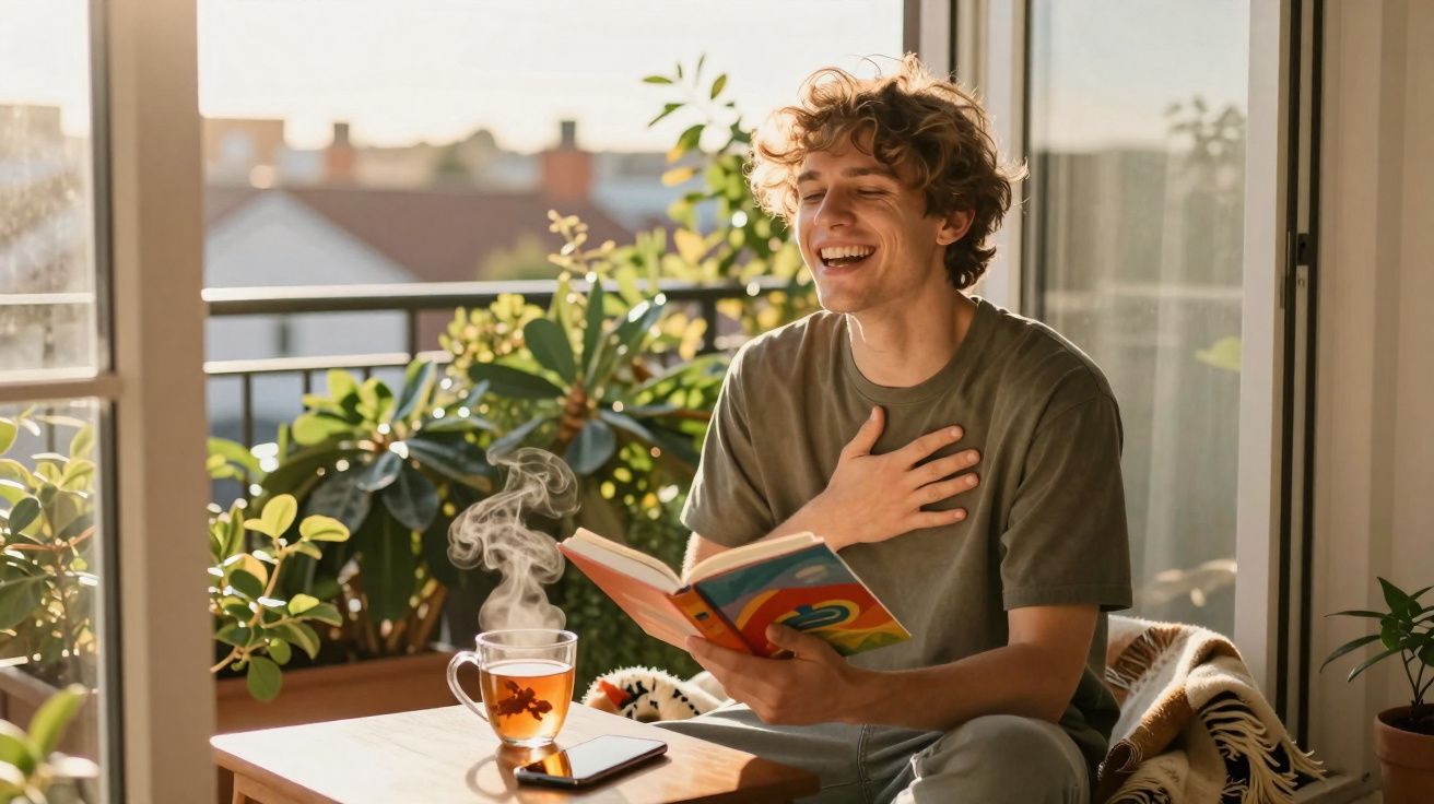 Joven sonriente leyendo un libro en un balcón con plantas, acompañado de una taza de té y un móvil.