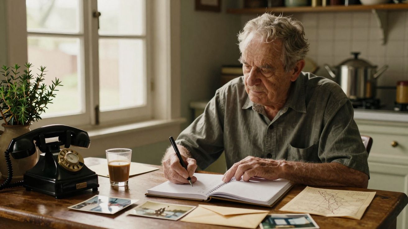 Hombre mayor escribiendo en un cuaderno en una mesa con fotos, cartas y un teléfono antiguo.
