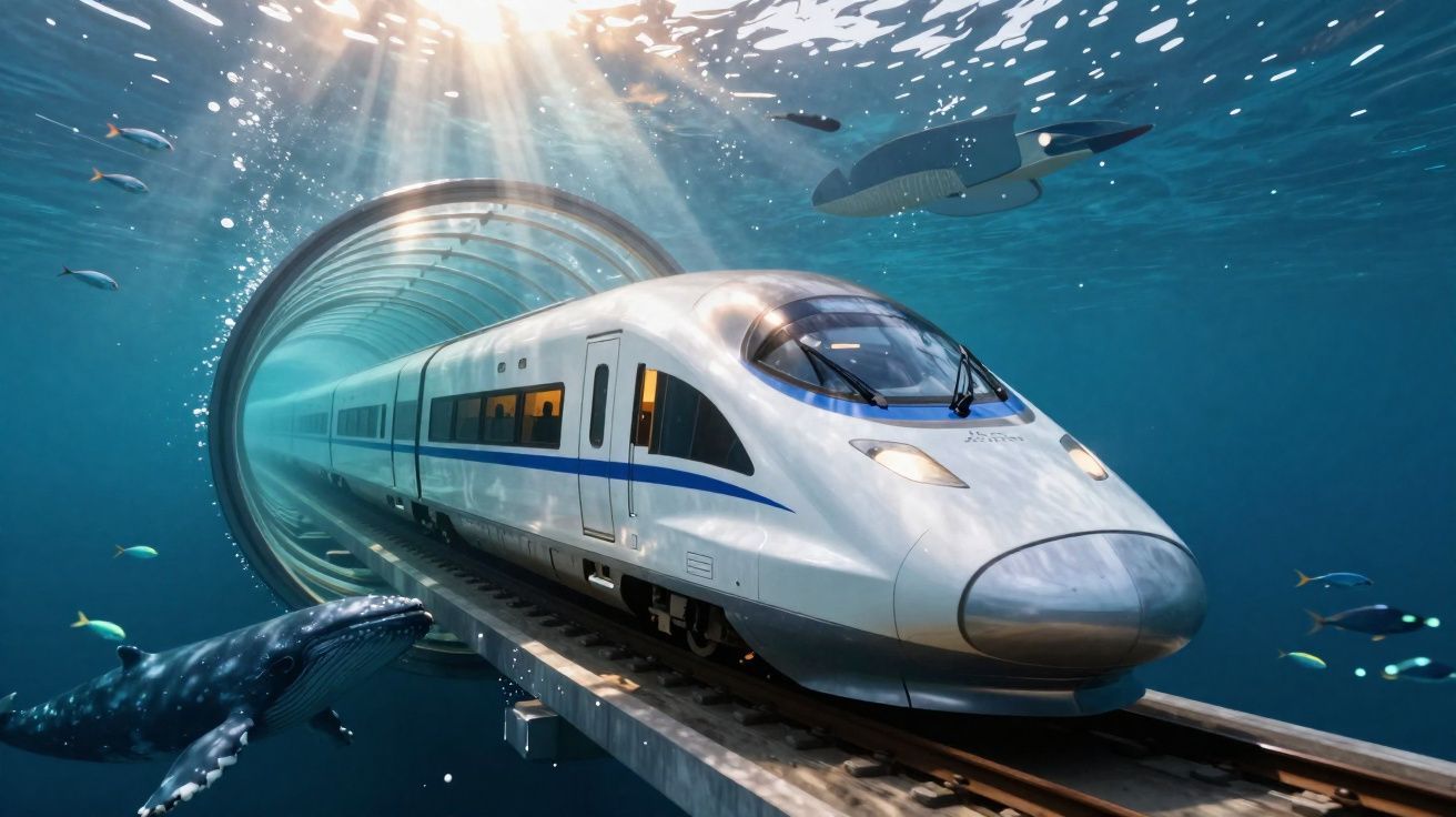 Tren de alta velocidad emergiendo de un túnel submarino rodeado de peces, una ballena y un calamar gigante.