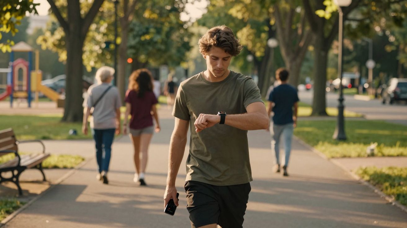 Joven en camiseta verde mira su reloj inteligente mientras camina por un parque con otras personas al fondo.